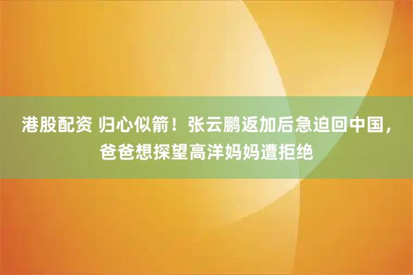 港股配资 归心似箭！张云鹏返加后急迫回中国，爸爸想探望高洋妈妈遭拒绝